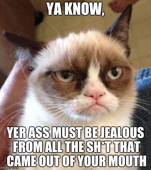 Grumpy Cat Reverse Meme | YA KNOW, YER ASS MUST BE JEALOUS FROM ALL THE SH*T THAT CAME OUT OF YOUR MOUTH | image tagged in memes,grumpy cat reverse,grumpy cat | made w/ Imgflip meme maker