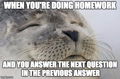 Satisfied Seal | WHEN YOU'RE DOING HOMEWORK AND YOU ANSWER THE NEXT QUESTION IN THE PREVIOUS ANSWER | image tagged in memes,satisfied seal | made w/ Imgflip meme maker