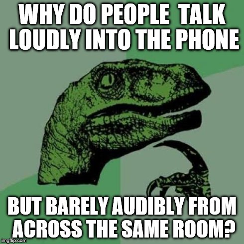 I swear my does this just to piss me off.
 | WHY DO PEOPLE  TALK LOUDLY INTO THE PHONE BUT BARELY AUDIBLY FROM ACROSS THE SAME ROOM? | image tagged in memes,philosoraptor | made w/ Imgflip meme maker