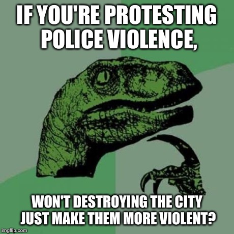 Philosoraptor Meme | IF YOU'RE PROTESTING POLICE VIOLENCE, WON'T DESTROYING THE CITY JUST MAKE THEM MORE VIOLENT? | image tagged in memes,philosoraptor | made w/ Imgflip meme maker