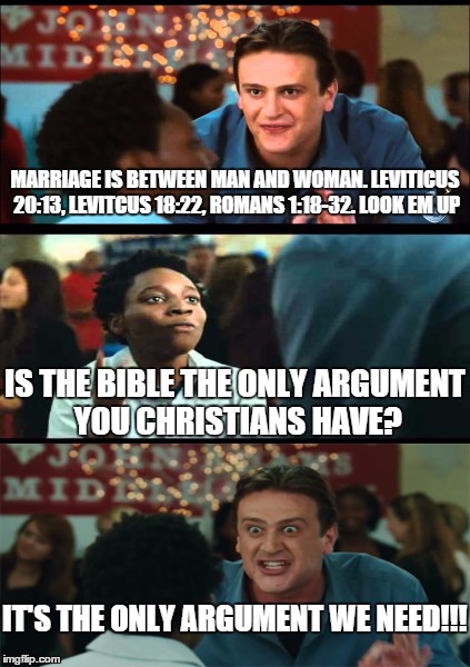 MARRIAGE IS BETWEEN MAN AND WOMAN. LEVITICUS 20:13, LEVITCUS 18:22, ROMANS 1:18-32. LOOK EM UP IS THE BIBLE THE ONLY ARGUMENT YOU CHRISTIANS | image tagged in gay marriage,christianity,god loves you,truth,bible,fact | made w/ Imgflip meme maker