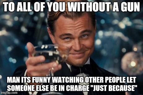 Leonardo Dicaprio Cheers Meme | TO ALL OF YOU WITHOUT A GUN MAN ITS FUNNY WATCHING OTHER PEOPLE LET SOMEONE ELSE BE IN CHARGE "JUST BECAUSE" | image tagged in memes,leonardo dicaprio cheers | made w/ Imgflip meme maker