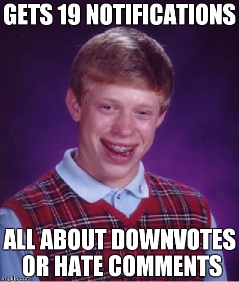GETS 19 NOTIFICATIONS ALL ABOUT DOWNVOTES OR HATE COMMENTS | image tagged in memes,bad luck brian | made w/ Imgflip meme maker