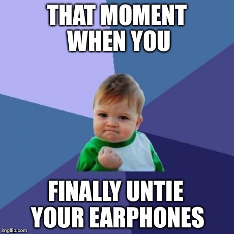 Success Kid | THAT MOMENT WHEN YOU FINALLY UNTIE YOUR EARPHONES | image tagged in memes,success kid | made w/ Imgflip meme maker