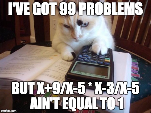 Math cat | I'VE GOT 99 PROBLEMS BUT X+9/X-5 * X-3/X-5 AIN'T EQUAL TO 1 | image tagged in math cat | made w/ Imgflip meme maker