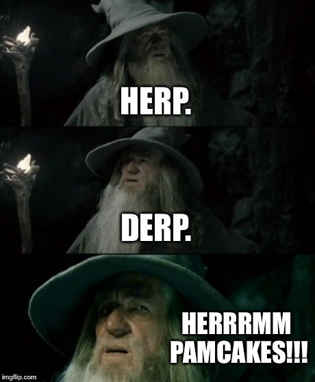 Confused Gandalf | HERP. DERP. HERRRMM PAMCAKES!!! | image tagged in memes,confused gandalf | made w/ Imgflip meme maker