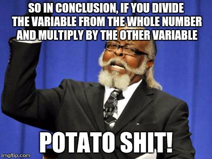 Too Damn High Meme | SO IN CONCLUSION, IF YOU DIVIDE THE VARIABLE FROM THE WHOLE NUMBER AND MULTIPLY BY THE OTHER VARIABLE POTATO SHIT! | image tagged in memes,too damn high | made w/ Imgflip meme maker