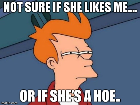 Futurama Fry Meme | NOT SURE IF SHE LIKES ME.... OR IF SHE'S A HOE.. | image tagged in memes,futurama fry | made w/ Imgflip meme maker