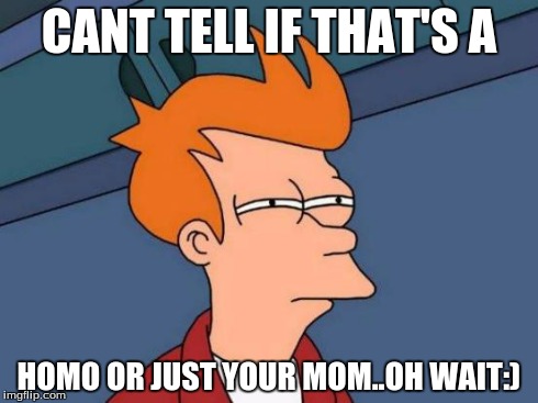 Futurama Fry Meme | CANT TELL IF THAT'S A HOMO OR JUST YOUR MOM..OH WAIT:) | image tagged in memes,futurama fry | made w/ Imgflip meme maker