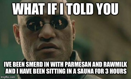 Morpheus secret fragrance | WHAT IF I TOLD YOU IVE BEEN SMERD IN WITH PARMESAN AND RAWMILK AND I HAVE BEEN SITTING IN A SAUNA FOR 3 HOURS | image tagged in memes,matrix morpheus | made w/ Imgflip meme maker