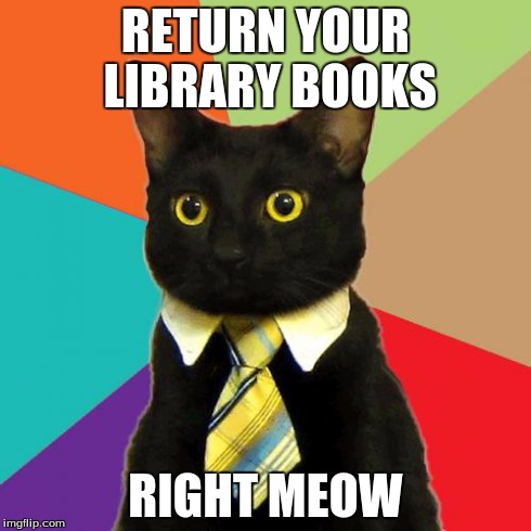 Business Cat Meme | RETURN YOUR LIBRARY BOOKS RIGHT MEOW | image tagged in memes,business cat | made w/ Imgflip meme maker