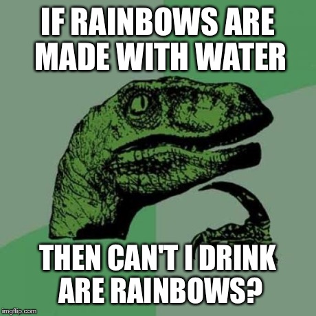 Philosoraptor | IF RAINBOWS ARE MADE WITH WATER THEN CAN'T I DRINK ARE RAINBOWS? | image tagged in memes,philosoraptor | made w/ Imgflip meme maker