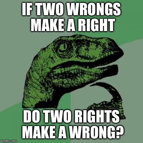 Philosoraptor | IF TWO WRONGS MAKE A RIGHT DO TWO RIGHTS MAKE A WRONG? | image tagged in memes,philosoraptor | made w/ Imgflip meme maker