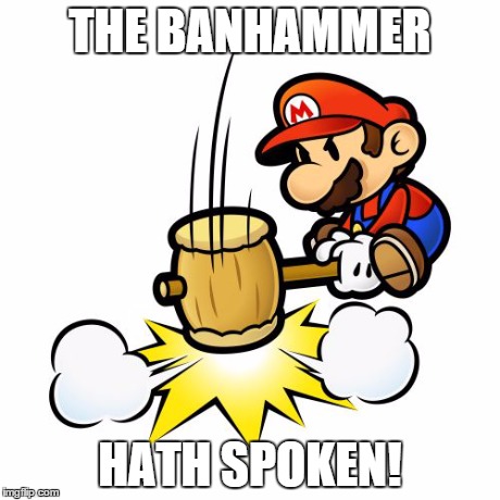 Mario Hammer Smash Meme | THE BANHAMMER HATH SPOKEN! | image tagged in memes,mario hammer smash | made w/ Imgflip meme maker