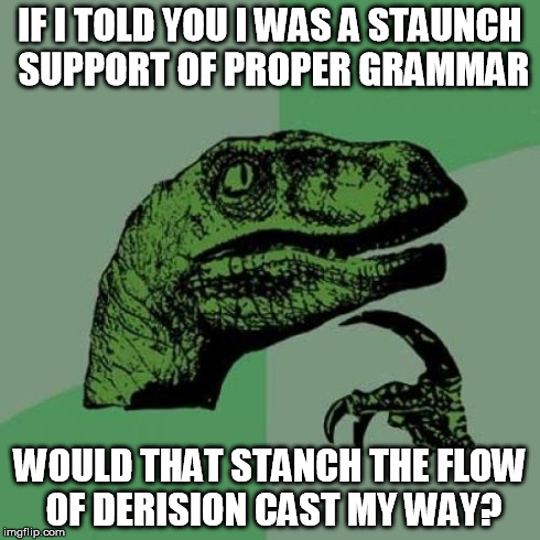 Philosoraptor Meme | IF I TOLD YOU I WAS A STAUNCH SUPPORT OF PROPER GRAMMAR WOULD THAT STANCH THE FLOW OF DERISION CAST MY WAY? | image tagged in memes,philosoraptor | made w/ Imgflip meme maker