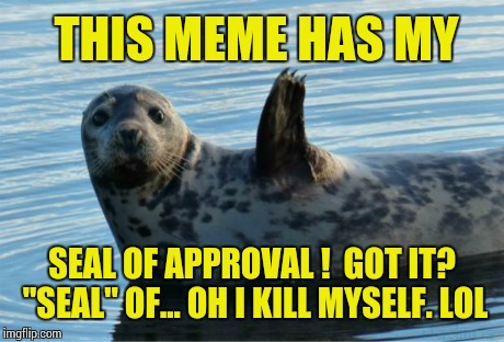 Seal of Approval | THIS MEME HAS MY SEAL OF APPROVAL !  GOT IT? "SEAL" OF... OH I KILL MYSELF. LOL | image tagged in seal | made w/ Imgflip meme maker