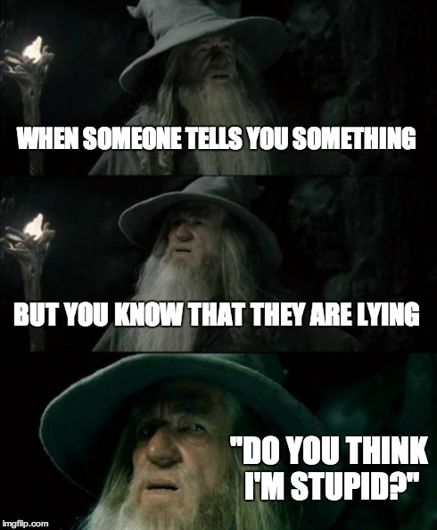 Confused Gandalf Meme | WHEN SOMEONE TELLS YOU SOMETHING BUT YOU KNOW THAT THEY ARE LYING "DO YOU THINK I'M STUPID?" | image tagged in memes,confused gandalf | made w/ Imgflip meme maker