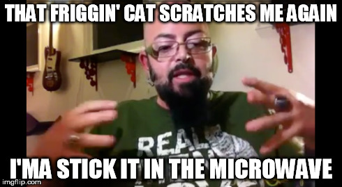 What He's really thinking | THAT FRIGGIN' CAT SCRATCHES ME AGAIN I'MA STICK IT IN THE MICROWAVE | image tagged in cat dude,cat daddy | made w/ Imgflip meme maker