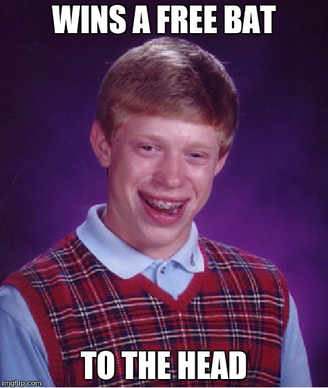 Bad Luck Brian Meme | WINS A FREE BAT TO THE HEAD | image tagged in memes,bad luck brian | made w/ Imgflip meme maker