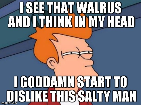 Futurama Fry Meme | I SEE THAT WALRUS AND I THINK IN MY HEAD I GO***MN START TO DISLIKE THIS SALTY MAN | image tagged in memes,futurama fry | made w/ Imgflip meme maker