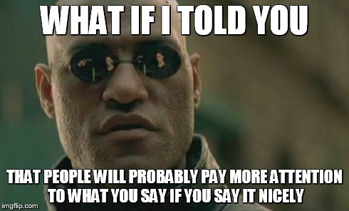 Matrix Morpheus Meme | WHAT IF I TOLD YOU THAT PEOPLE WILL PROBABLY PAY MORE ATTENTION TO WHAT YOU SAY IF YOU SAY IT NICELY | image tagged in memes,matrix morpheus | made w/ Imgflip meme maker