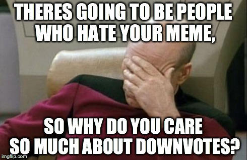 Captain Picard Facepalm Meme | THERES GOING TO BE PEOPLE WHO HATE YOUR MEME, SO WHY DO YOU CARE SO MUCH ABOUT DOWNVOTES? | image tagged in memes,captain picard facepalm | made w/ Imgflip meme maker