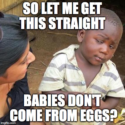 Third World Skeptical Kid | SO LET ME GET THIS STRAIGHT BABIES DON'T COME FROM EGGS? | image tagged in memes,third world skeptical kid | made w/ Imgflip meme maker