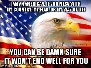 American Flag | I AM AN AMERICAN. IF YOU MESS WITH MY COUNTRY, MY FLAG, OR MY WAY OF LIFE YOU CAN BE DAMN SURE IT WON'T END WELL FOR YOU | image tagged in american flag | made w/ Imgflip meme maker