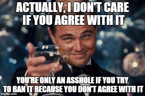 Leonardo Dicaprio Cheers Meme | ACTUALLY, I DON'T CARE IF YOU AGREE WITH IT YOU'RE ONLY AN ASSHOLE IF YOU TRY TO BAN IT BECAUSE YOU DON'T AGREE WITH IT | image tagged in memes,leonardo dicaprio cheers | made w/ Imgflip meme maker