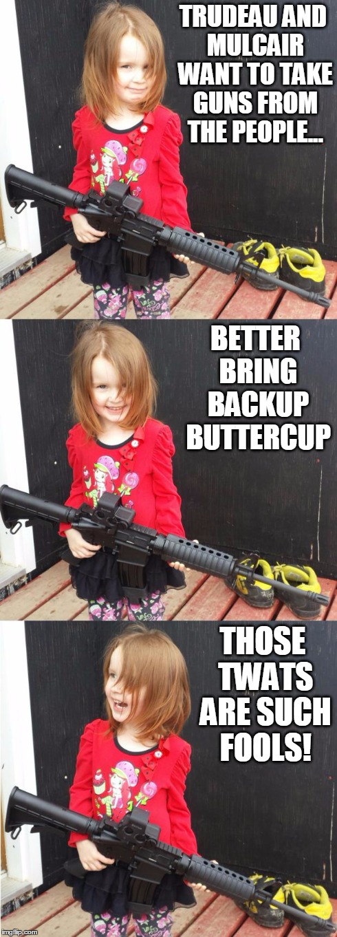 GIRL WITH GUN | TRUDEAU AND MULCAIR WANT TO TAKE GUNS FROM THE PEOPLE... THOSE TWATS ARE SUCH FOOLS! BETTER BRING BACKUP BUTTERCUP | image tagged in girl with gun | made w/ Imgflip meme maker