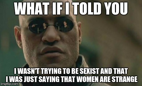 Matrix Morpheus Meme | WHAT IF I TOLD YOU I WASN'T TRYING TO BE SEXIST AND THAT I WAS JUST SAYING THAT WOMEN ARE STRANGE | image tagged in memes,matrix morpheus | made w/ Imgflip meme maker