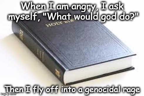 God is a geoncidal maniac | When I am angry, I ask myself, "What would god do?" Then I fly off into a genocidal rage | image tagged in god,bible,religion,jesus,genocide | made w/ Imgflip meme maker