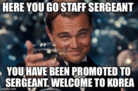 Leonardo Dicaprio Cheers Meme | HERE YOU GO STAFF SERGEANT YOU HAVE BEEN PROMOTED TO SERGEANT. WELCOME TO KOREA | image tagged in memes,leonardo dicaprio cheers | made w/ Imgflip meme maker