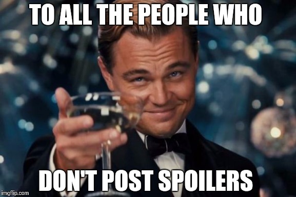 Leonardo Dicaprio Cheers | TO ALL THE PEOPLE WHO DON'T POST SPOILERS | image tagged in memes,leonardo dicaprio cheers | made w/ Imgflip meme maker