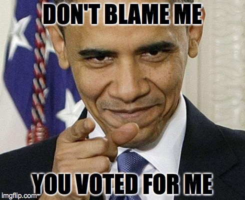 Obama Pointing | DON'T BLAME ME YOU VOTED FOR ME | image tagged in obama pointing | made w/ Imgflip meme maker