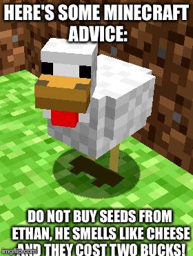 Minecraft Advice Chicken | HERE'S SOME MINECRAFT ADVICE: DO NOT BUY SEEDS FROM ETHAN, HE SMELLS LIKE CHEESE AND THEY COST TWO BUCKS! | image tagged in minecraft advice chicken | made w/ Imgflip meme maker