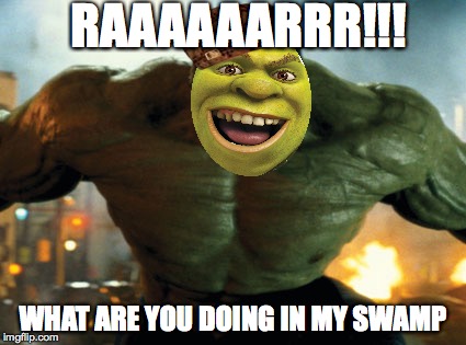The Incredible Shrek | RAAAAAARRR!!! WHAT ARE YOU DOING IN MY SWAMP | image tagged in hulk,shrek | made w/ Imgflip meme maker