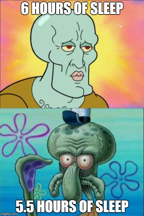 The difference a half hour makes | 6 HOURS OF SLEEP 5.5 HOURS OF SLEEP | image tagged in memes,squidward | made w/ Imgflip meme maker