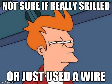 Futurama Fry Meme | NOT SURE IF REALLY SKILLED OR JUST USED A WIRE | image tagged in memes,futurama fry | made w/ Imgflip meme maker