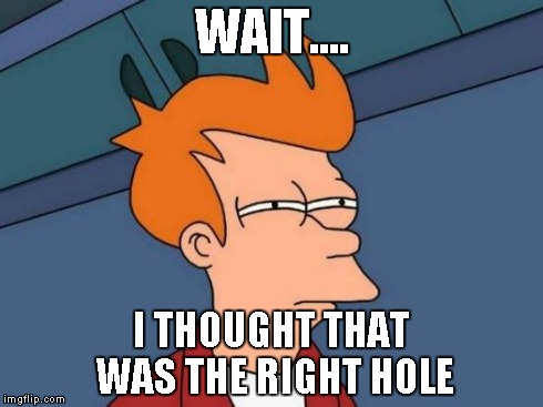 Futurama Fry | WAIT.... I THOUGHT THAT WAS THE RIGHT HOLE | image tagged in memes,futurama fry | made w/ Imgflip meme maker