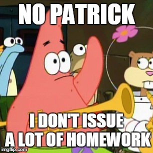 No Patrick | NO PATRICK I DON'T ISSUE A LOT OF HOMEWORK | image tagged in memes,no patrick | made w/ Imgflip meme maker