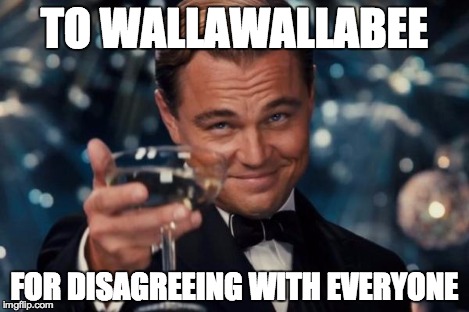 Leonardo Dicaprio Cheers | TO WALLAWALLABEE FOR DISAGREEING WITH EVERYONE | image tagged in memes,leonardo dicaprio cheers | made w/ Imgflip meme maker