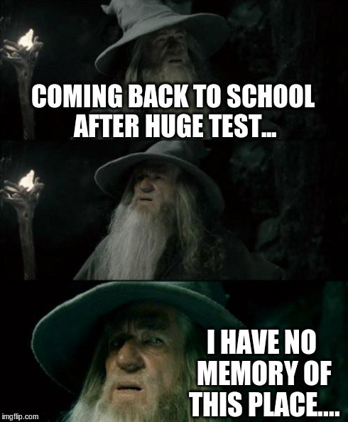 Confused Gandalf Meme | COMING BACK TO SCHOOL AFTER HUGE TEST... I HAVE NO MEMORY OF THIS PLACE.... | image tagged in memes,confused gandalf | made w/ Imgflip meme maker