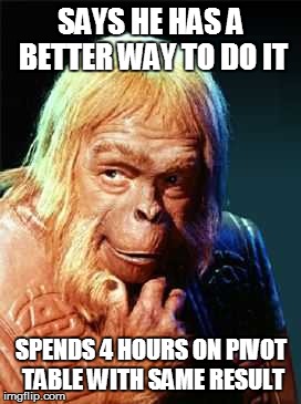 SAYS HE HAS A BETTER WAY TO DO IT SPENDS 4 HOURS ON PIVOT TABLE WITH SAME RESULT | image tagged in excel,smug dr zaius | made w/ Imgflip meme maker