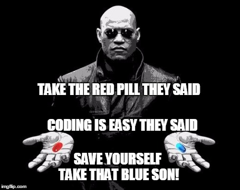 Matrix Morpheus Offer | TAKE THE RED PILL THEY SAID CODING IS EASY THEY SAID SAVE YOURSELF TAKE THAT BLUE SON! | image tagged in matrix morpheus offer | made w/ Imgflip meme maker
