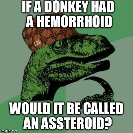 Philosoraptor | IF A DONKEY HAD A HEMORRHOID WOULD IT BE CALLED AN ASSTEROID? | image tagged in memes,philosoraptor,scumbag | made w/ Imgflip meme maker