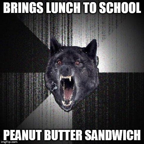 *Insert a clever joke involving schools and peanuts here* | BRINGS LUNCH TO SCHOOL PEANUT BUTTER SANDWICH | image tagged in memes,insanity wolf,school | made w/ Imgflip meme maker