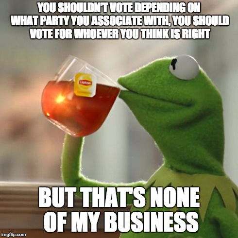 But That's None Of My Business | YOU SHOULDN'T VOTE DEPENDING ON WHAT PARTY YOU ASSOCIATE WITH, YOU SHOULD VOTE FOR WHOEVER YOU THINK IS RIGHT BUT THAT'S NONE OF MY BUSINESS | image tagged in memes,but thats none of my business,kermit the frog | made w/ Imgflip meme maker