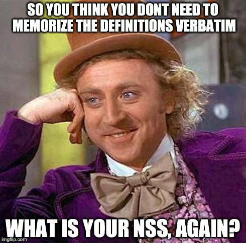 Creepy Condescending Wonka | SO YOU THINK YOU DONT NEED TO MEMORIZE THE DEFINITIONS VERBATIM WHAT IS YOUR NSS, AGAIN? | image tagged in memes,creepy condescending wonka | made w/ Imgflip meme maker