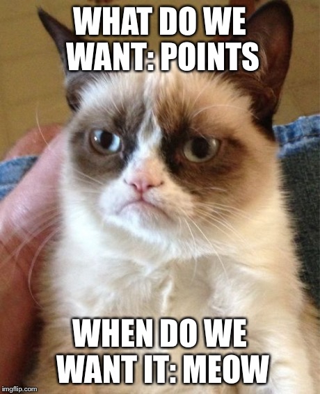 Grumpy Cat Meme | WHAT DO WE WANT: POINTS WHEN DO WE WANT IT: MEOW | image tagged in memes,grumpy cat | made w/ Imgflip meme maker